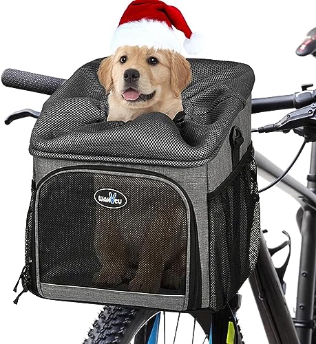 Wakytu Dog Bike Basket Carrier, Pet Bicycle Front Carrier Backpack for Bike Riding Foldable Removable, Reflective Strips, 2 Side Storage Pockets, Pet Travel Bag for Cats Small Dogs