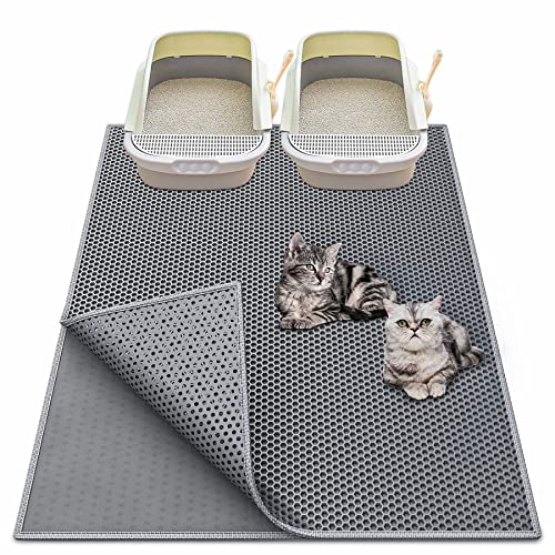 Waretary Cat Litter Mat 36"x 30", Kitty Pretty Litter Box Trapping Mat, Extra Large XL Honeycomb Double Scatter Control Layer Mat, Urine & Waterproof, Washable, Easy Clean, Phthalate Free, Grey