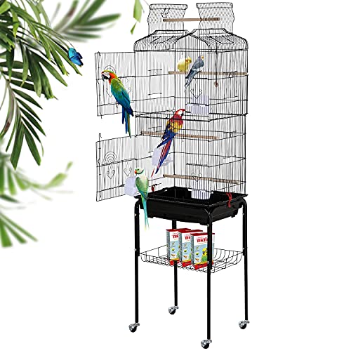 Warmm house 64-inch Open Top Bird Cage Standing Medium Small Parrot Parakeet Cage with Rolling Stand,Wrought Iron Bird Cage for Cockatiels Lovebirds Parrotlet Flight Conure Pigeon,Black