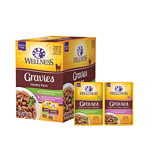 Wellness Healthy Indulgence Gravies Grain-Free Wet Cat Food, Made with Natural Ingredients and Quality Proteins, Complete and Balanced Meal, 3 oz Pouches (Gravies Variety Pack, 8 Pack)