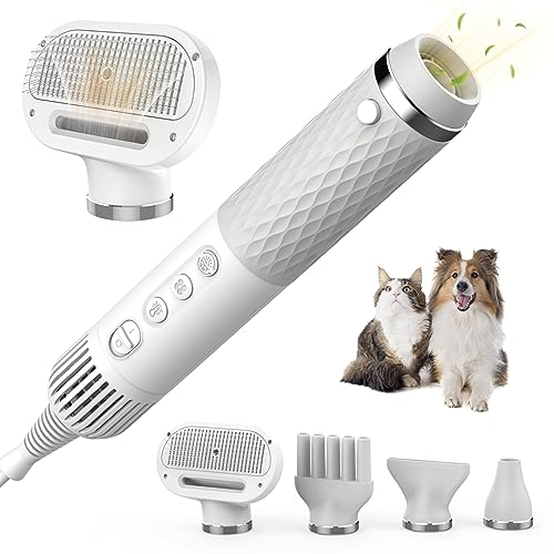 WHENBEE Dog Dryer, 5 in 1 Portable Handheld Dog Blow Dryer with Smart Temperature Adjustment, Dog Hair Dryer with Grooming Brush for Home, Pet Washing Station, Travel