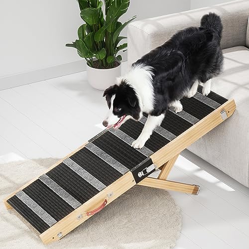 Wooden Adjustable Dog Ramp 47", Portable Pet Ramps for Cats, Double Color Non Slip Carpet Surface Stair for Bed Couch Car, Hold 100Ibs. 5 Adjustable Height from 15" to 25" Step for Older Animals