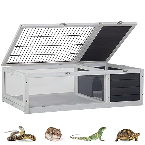 Wooden Tortoise House Habitat with Rest Area, Activity Area, Removable Tray and Openable Roof Reptile Enclosure Indoor & Outdoor Box Turtle Tank for Lizards, Bearded Dragon, Snake and Hamster, Gray