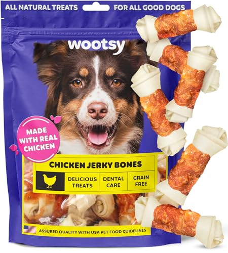 Wootsy Chicken Jerky Knotted Rawhide Bones Dog Treats - Dog Dental Health Support, Long-Lasting, Grain Free Canine Treats - Low-Calorie & High-Protein Dog Chews, 25 Bones per Pack