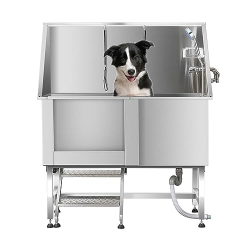 WSSEY 50'' Dog Bathtub for large Dog Grooming Tub Professional Pet Bathing Tub Stainless Steel Dog Wash Station for Home Commercial Dogs, Cats with Removable Floor Grate, Sliding Door