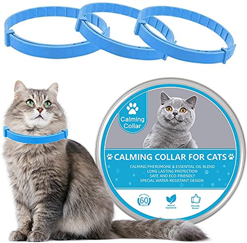 Wustentre 3 Pack Calming Collar for Cats, Cat Calming Collars, Natural Cat Pheromones Calming Collar, Adjustable Cat Anxiety Collar Reduce Anxiety Kitten Calm Collar for Cats (Blue)