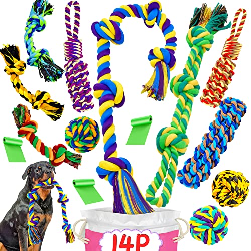 XL Dog Chew toys for Aggressive Chewers Large Breed, 14 Pack Tough Indestructible Dog Toys for Aggressive Chewers, Durable Puppy Chew Toys for Teething, Heavy Duty Cotton Dog Rope Toys for Large Dogs