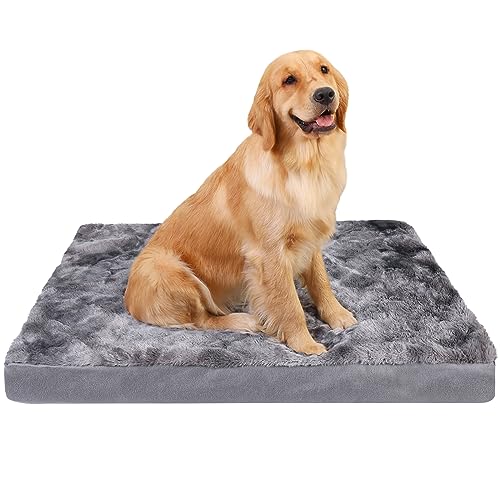 YAEM Dog Beds for Large Dogs - Rectangular Calming Dog Bed, Washable Large Dog Bed, Anti Anxiety Dog Bed, White|Black Faux Fur Orthopedic Dog Bed with Waterproof and Non-Slip Bottom.