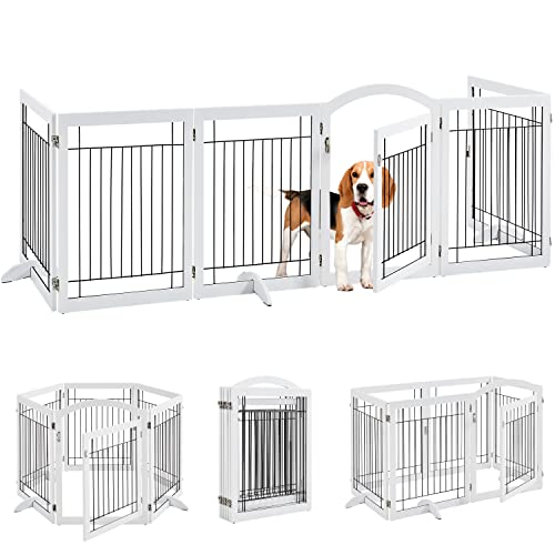 Yaheetech 148'' Extra Wide Pet Gate with Door Freestanding 6 Panels Wooden Dog Gate for Doorways Foldable Puppy Fence with 3PCS Support Feet, 148'' x 34'' White
