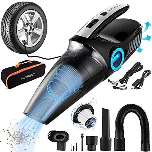 YEAHCO Car Vacuum Cleaner High Power Cordless Rechargeable 4-in-1 10000Pa Portable Handheld Small Car Detailing Vacuum with Tire Inflator&Lighting Wet/Dry for Car Home,Office,Pet Hair