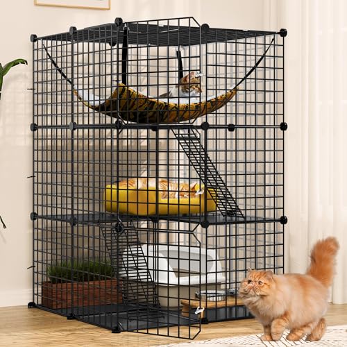 YITAHOME Cat Cage Indoor Catio DIY Cat Enclosures Metal Cat Playpen 3-Tiers Kennels Pet Crate with Extra Large Hammock for 1-2 Cats, Rabbit