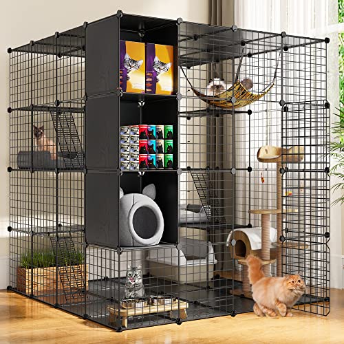 YITAHOME Large Cat Cage with Storage Cube DIY Indoor Catio Cat Enclosures Metal Cat Playpen with Large Hammock for 1-4 Cats 4 Tiers Cat Kennel