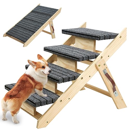 YORWHIN Dog Stairs/Steps Wooden Foldable 4 Levels Pet Stairs & Ramp Perfect for Beds Cars Couch Non-Slip Carpet Dog Ladder Portable for Small Mudium Large Dogs Up to 30 Pounds