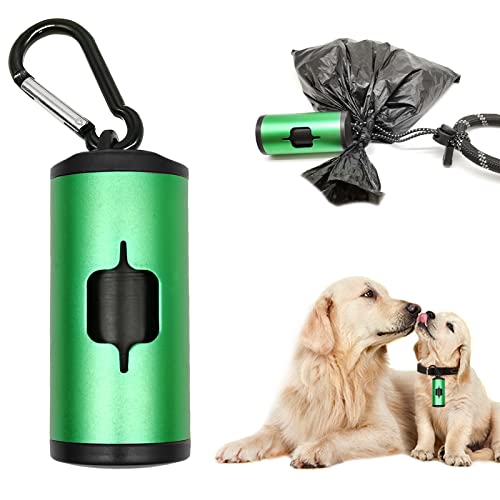 YUCHIYAAluminum Dog Poop Bags Holder with Carabiner Metal Pet Waste Bags Dispenser with Hook and Loop Fastener and Elastic Cord to Carry Used Bags(Emerald Green, 1 Holder 15 Bags)