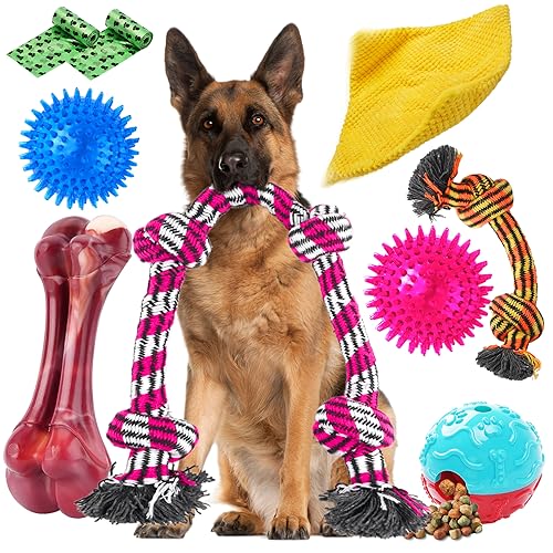 Zeaxuie Heavy Duty Various Dog Chew Toys for Aggressive Chewers - 9 Pack Value Set Includes Indestructible Rope Toys & Squeaky Toys for Medium, Large & X-Large Breeds (for Regular Chewers)