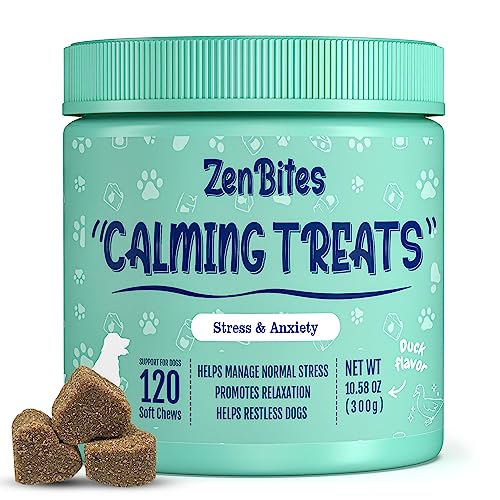 ZenBites Calming Chews for Dogs Anxiety - 120 Count Soft Dog Calming Treats with Organic Chamomile, Valerian, L-Tryptophan, Melatonin - Supports Everyday Stress, Anxiety, & Separation (Duck Flavor)