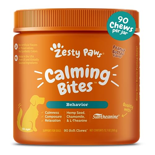 Zesty Paws Calming Chews for Dogs - Composure & Relaxation for Everyday Stress & Separation - with Ashwagandha, Organic Chamomile, L-Theanine & L-Tryptophan – Peanut Butter - 90 Count