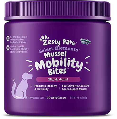 Zesty Paws New Zealand Green Lipped Mussel Bites for Dogs - 500 mg Dog Hip & Joint Support Supplement Soft, 90 Count, Assorted