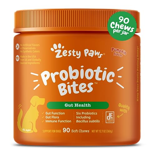 Zesty Paws Probiotics for Dogs - Digestive Enzymes for Gut Flora, Digestive Health, Diarrhea & Bowel Support - Clinically Studied DE111 - Dog Supplement Soft Chew for Pet Immune System - Pumpkin