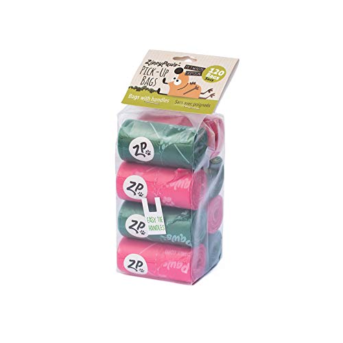 ZippyPaws - Dog Poop Pick-Up Bags, Replacement Rolls, Large Strong Waste Bags with Easy-Tie Handles, Measures 14.5 Inch by 5.5 Inch - Pink/Green, 120 Count