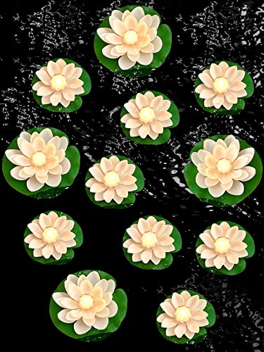 12 Pcs Lotus Floating Pool Lights LED Flower Pond Light Artificial Lotus Floating Lanterns Lighted Water Lily Lotus Pond Decor for Outdoor Swimming Pool Fountain Romantic Wedding Memorials Decorations