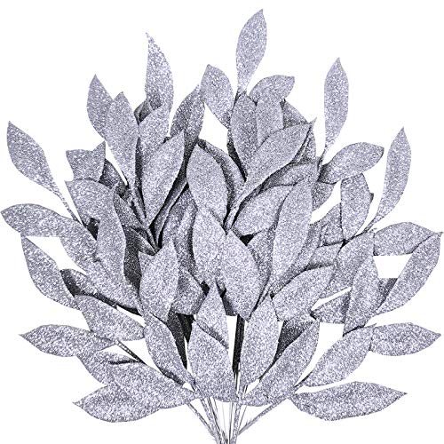 20 Pieces Artificial Silver Glitter Leaf Spray Leaf Picks 13" Tall for Christmas Winter Wedding Wreath Tree Swag Floral Arrangment Vase Bouquets Table Centerpieces Decoration