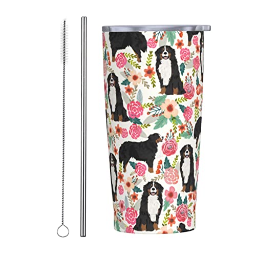 20oz Tumbler Cups With Lid , Steel Straw And Brush Mug - Stainless Steel Vacuum Insulated Water Coffee Thermal Cup For Women Men Mugs Cute Bernese Mountain Dog Lovers Flower Floral Print Water Bottles