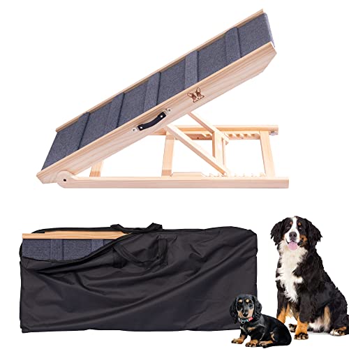 27'' Tall Dog Pet Ramp Portable for All Dogs & for Couch, Bed & Car, SUV, Supports up to 220 lbs, Carrying Bag Included, 7 Level Height Adjustable from 12''-27'', Non-Slip Paw-Friendly Carpet, Large