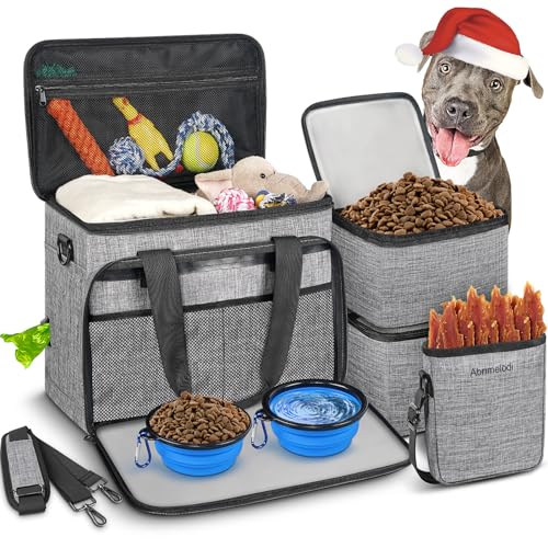 6 Set Dog Travel Bag, Large Pet Travel Kit for Supplies Includes 2 Food Containers, 1 Travel Organizer for Dogs, 2 Collapsible Bowls, 1 Treat Pouch, Dog Weekend Overnight Travel Bags Luggage, Grey