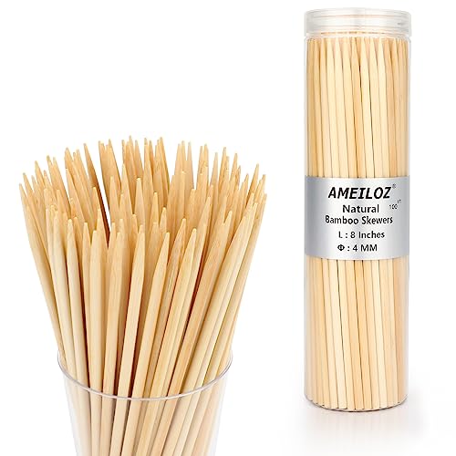 8" Bamboo Wooden Skewers for BBQ, Kebob, Appetizer, Fruit, Sausage, Chocolate Fountain, Natural Wood Barbecue Kabob Skewer Stick, Organic Food Sticks for Grilling, Kitchen (Φ=4mm Thick, 100PCS)