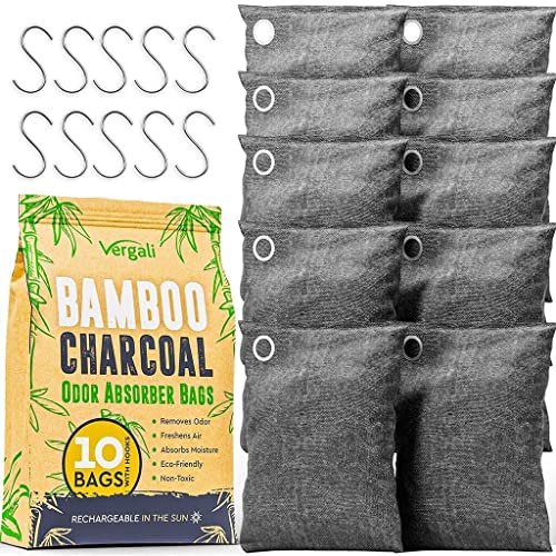 Activated Charcoal Odor Absorber 10x3.5oz w Hooks. Nature Fresh Bamboo Charcoal Air Purifying Bag. Home Car Closet Air Freshener Deodorizer Strong Odor Eliminator for Room, Drawer Smoke Smell Remover