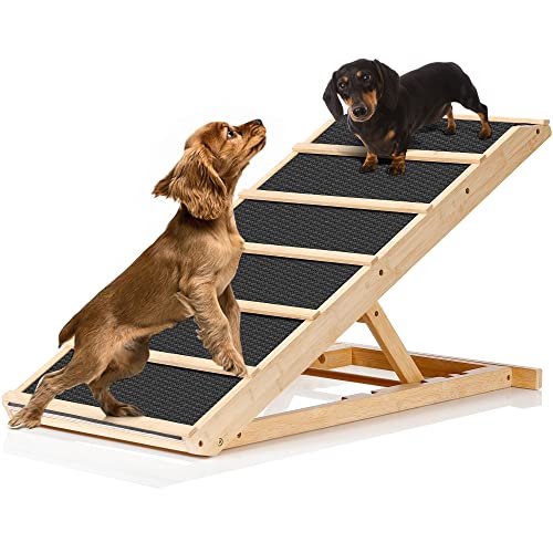 Adjustable Pet Ramp, 39.4" Dog Ramp for Bed, Couch and Car with Non-Slip Rubber Surface, 18" Wide Wooden Platform and 4 Heights, Suitable for Big Dogs