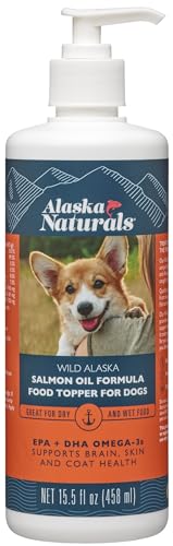 Alaska Naturals – Wild Alaska Salmon Oil Formula Dog Food Topper – EPA and DHA Omega-3 - Supplement for Healthy Skin, Shiny Coat – Made in The USA – 15.5 oz. Pump Bottle