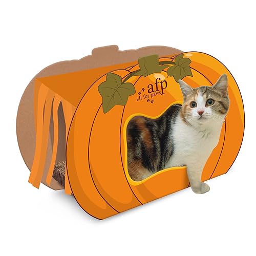 ALL FOR PAWS Halloween Pumpkin Cat Scratcher Cave Foldable Cat Cardboard House Kitten Furniture Bed for Indoor Cats