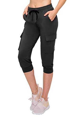 ALWAYS Women's Capri Cargo Joggers - Buttery Soft Ladies Capris Elastic Cargo Pants with Pockets Black XL