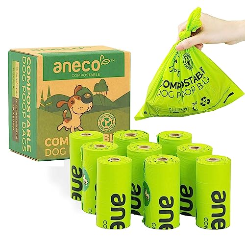 ANECO 100% Home Compostable Dog Poop Bags (135 Bags/9 Rolls), Large Poop Bags for Dogs & Cats, Extra Strong & Leak-proof Pet Waste Bags