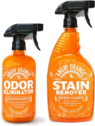 ANGRY ORANGE Pet Stain and Odor Remover - 2 Spray Pack - 32 oz Dog, Ferret, Rabbit & Cat Urine Enzyme Cleaner - 24 oz Pet Odor Eliminator for Strong Odor - for Pee on Carpet, Furniture, Tile, Wood