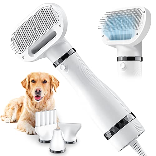 Arcmogo Dog Blow Dryer for Grooming, 5 in 1 Pet Hair Dryer with Slicker Brush and 3 Replaceable Nozzles, Dog Grooming Dryer with Adjustable 3 Temperatures Settings for Small and Medium Dogs and Cats