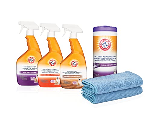 Arm & Hammer Pet Fresh Stain and Odor-Removing Cleaner Bundle - Urine Destroyer, Hard Surface, and Hardwood Floor cleaners and Carpet Cleaning Powder; plus 4 pack of microfiber cleaning cloths