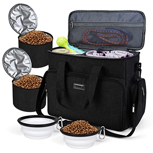 BAGLHER Dog Travel Bag, Airline Approved Pet Tote Organizer with Multi-Function Pockets,2X Food Storage Containers and 2X Collapsible Dog Bowls,Perfect Weekend Pet Travel Set for Dog, Cat Black