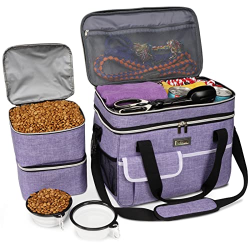 BAGLHER Dog Travel Bag for Supplies - Double-Layer Airline Approved Weekend Pet Travel Organizer Set for Dog and Cat Tote with 2 Pet Food Containers and 2 Collapsible Silicone Bowls Purple