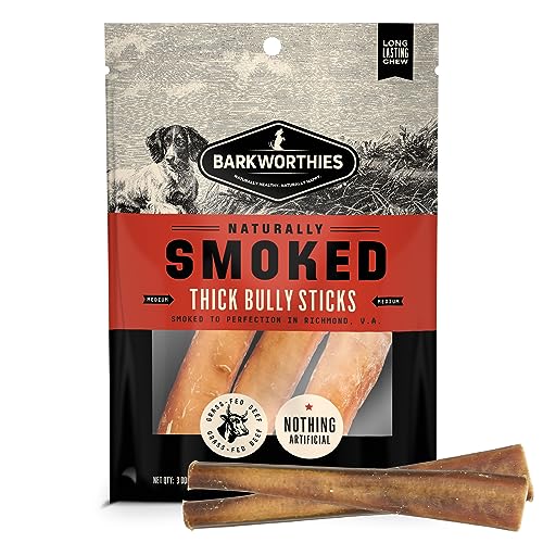 Barkworthies USA Hickory Smoked Bully Sticks 6” Thick 3-Pack | Irresistible Flavor, Amazing Odor | Dental Health | Long Lasting Dog Chews