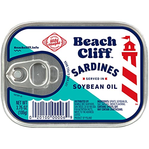 Beach Cliff Wild Caught Sardines in Soybean Oil, 3.75 oz Can (Pack of 12) - 14g Protein per Serving - Gluten Free, Keto Friendly - Great for Pasta & Seafood Recipes