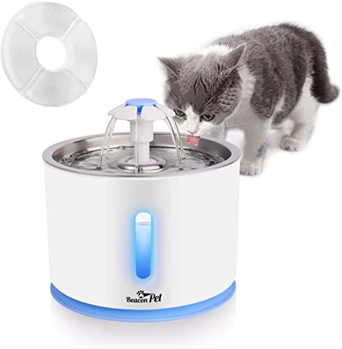 Beacon Pet Fountain, LED 84oz/2.4L Automatic Dog Cat Water Fountain Stainless Steel Cat Water Dispenser with Filter for Cats, Dogs, Multiple Pets