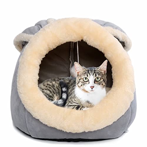 Beds for Indoor Cats - with Anti-Slip Bottom, Rabbit-Shaped Dog Cave with Hanging Toy, Puppy Bed with Removable Cotton Pad, Super Soft Calming Pet Sofa (Grey Small)