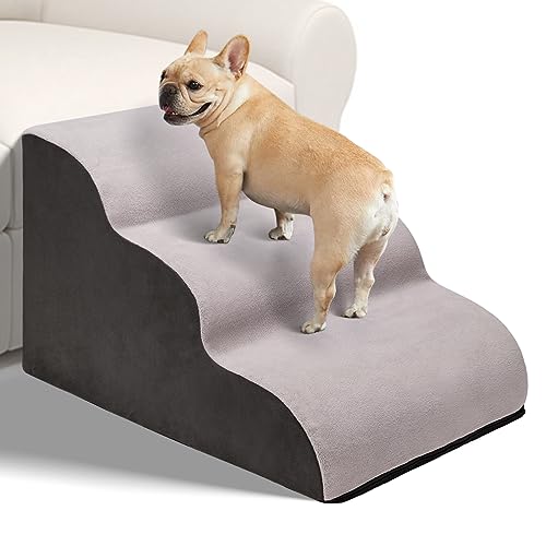 Beerlove Dog Stairs for Small Dogs, 3-Steps Foam Dog Steps for Sofa Couch High Bed, Non-Slip Washable Dog Ramp Pet Stairs for Dogs Puppies Cats (Grey)