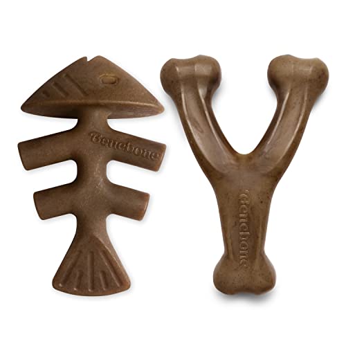 Benebone 2-Pack Fishbone/Wishbone Durable Dog Chew Toys, Real Fish, Real Bacon, Made in USA, Medium