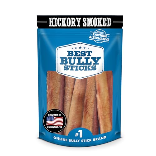 Best Bully Sticks Premium Hickory Smoked 100% Natural Thick 6 Inch Bully Sticks for Dogs - Odor Free with Smoky Aroma - No Additives Free-Range Grass-Fed Beef, Grain-Free Dog Chews, Thick 5 Pack