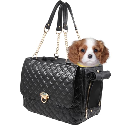 BETOP HOUSE Fashion Dog Purse Carrier for Small Dogs and Cats with 2 Large Pockets PU Leather Pet Carrier Cat Carrier TSA Airline Approved Puppy Kitten Purse Carrier for Travel Hiking Road Trip, Black