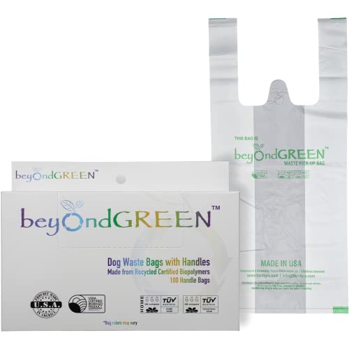 beyondGREEN Plant-Based Dog Poop Waste Bags with Handles - 100 Bags - 8" x 16"